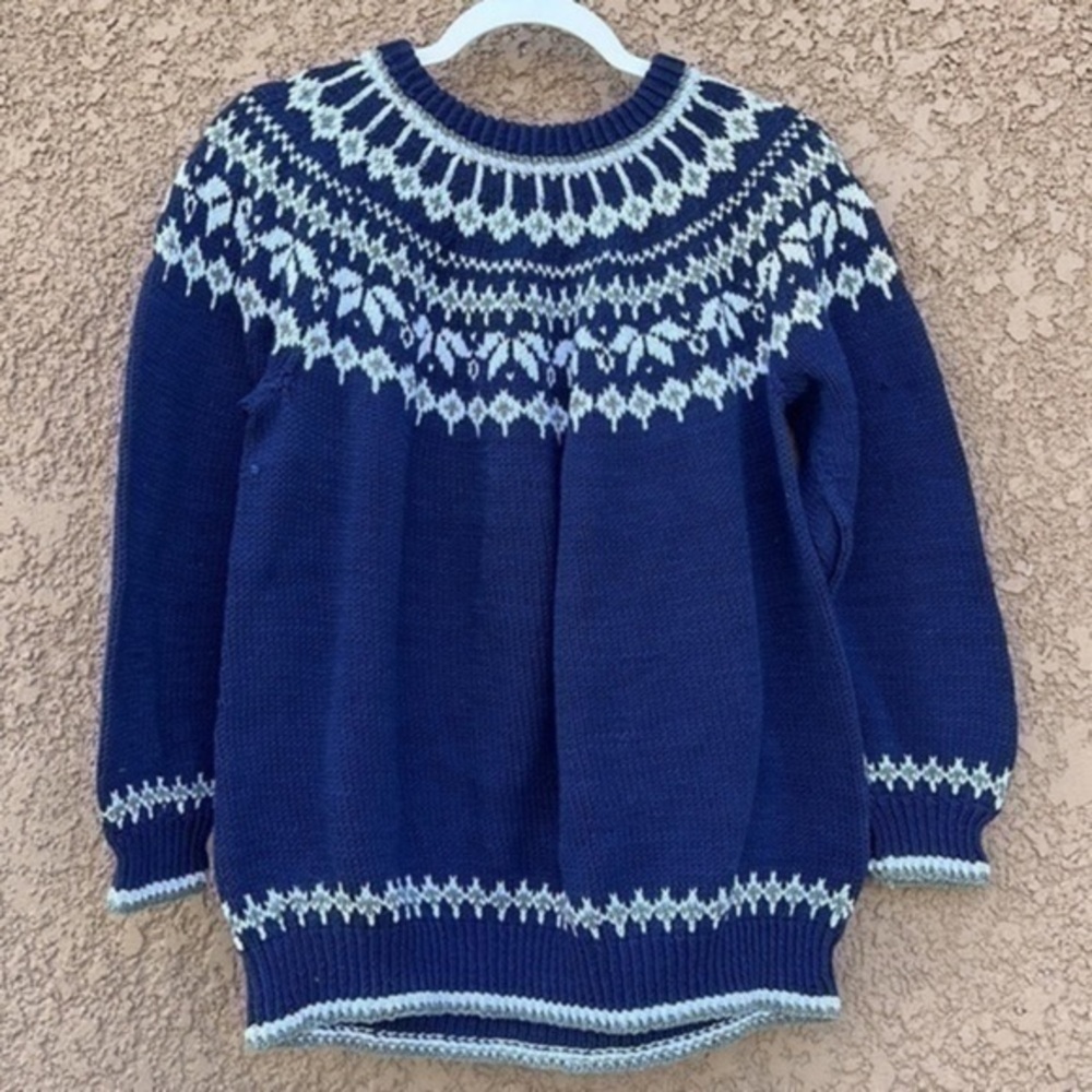 Hand Crafted Blue and White Crew Neck Sweater